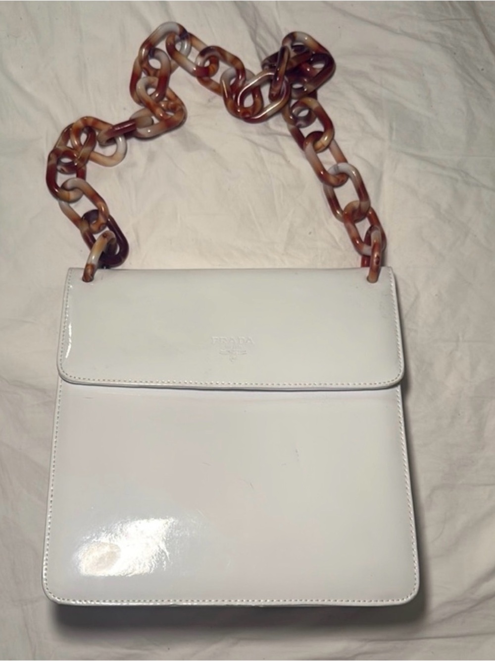 Prada White Patent Leather Shoulder Bag with Tortoiseshell Chain Strap